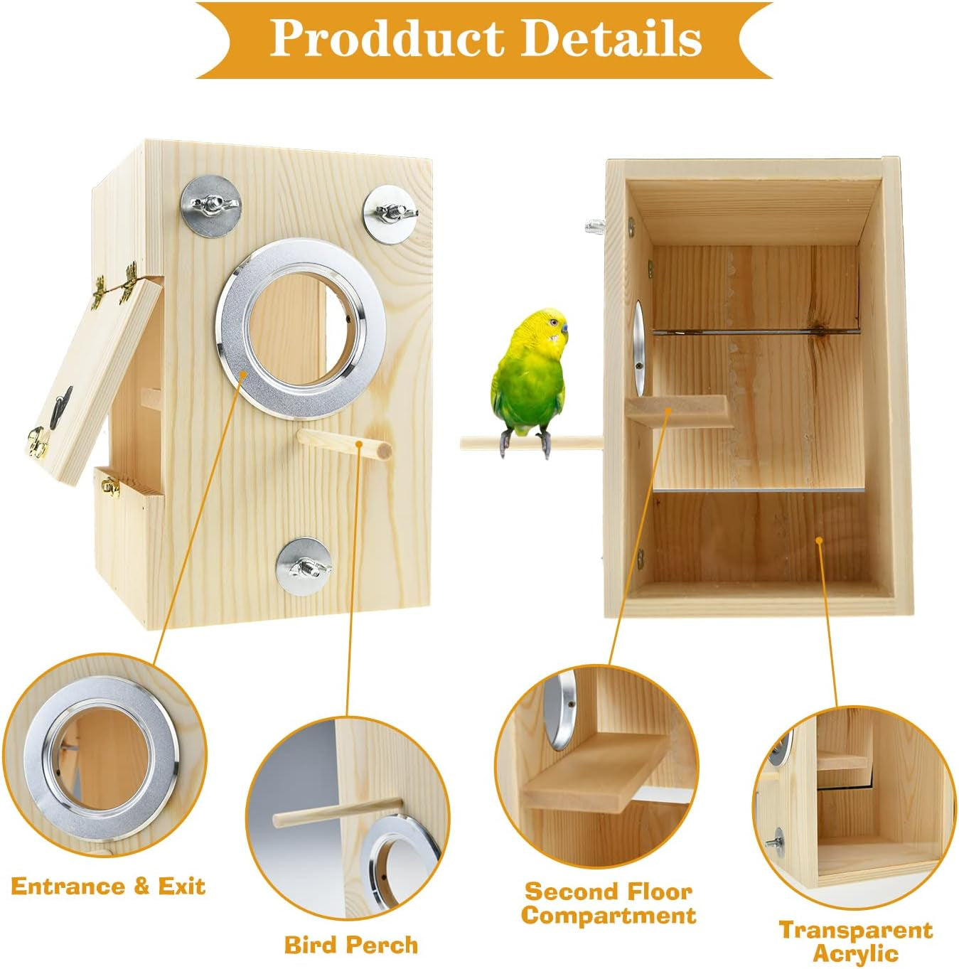 Bird Breeding Nest Box – Wooden & Acrylic Transparent House for Parakeets, Budgies, Cockatiels, Conures, Lovebirds & Finches