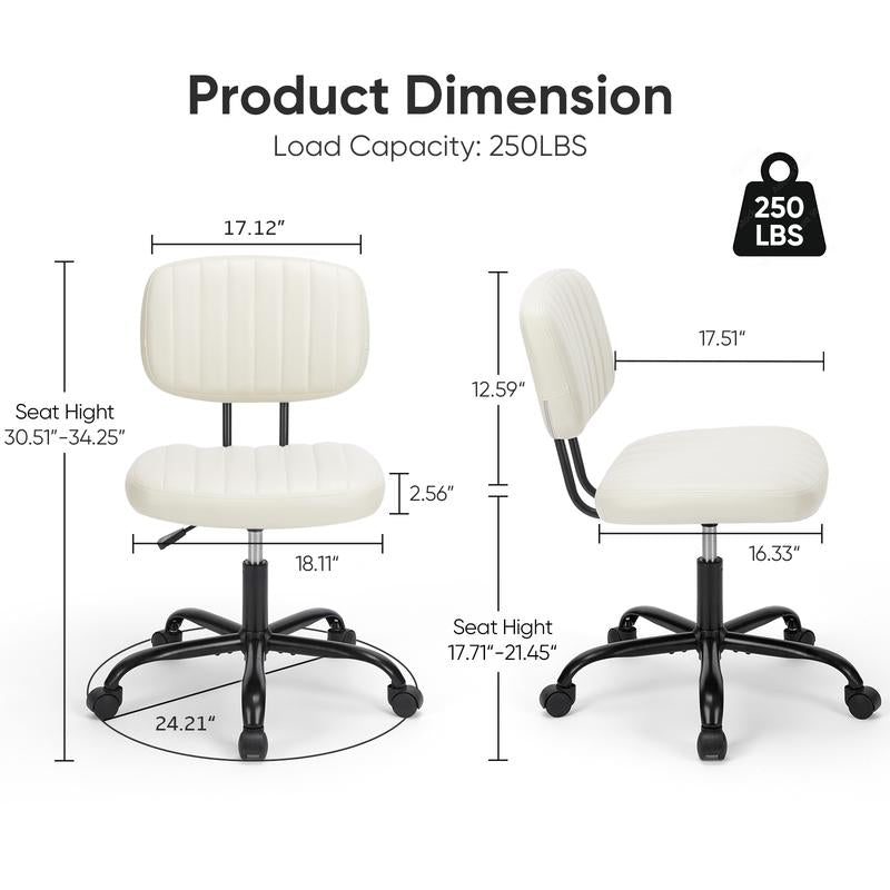 Compact PU Leather Office Chair – Height Adjustable Armless Swivel Task Chair for Small Spaces, Home Office, Bedroom, Student Desk & Vanity Use