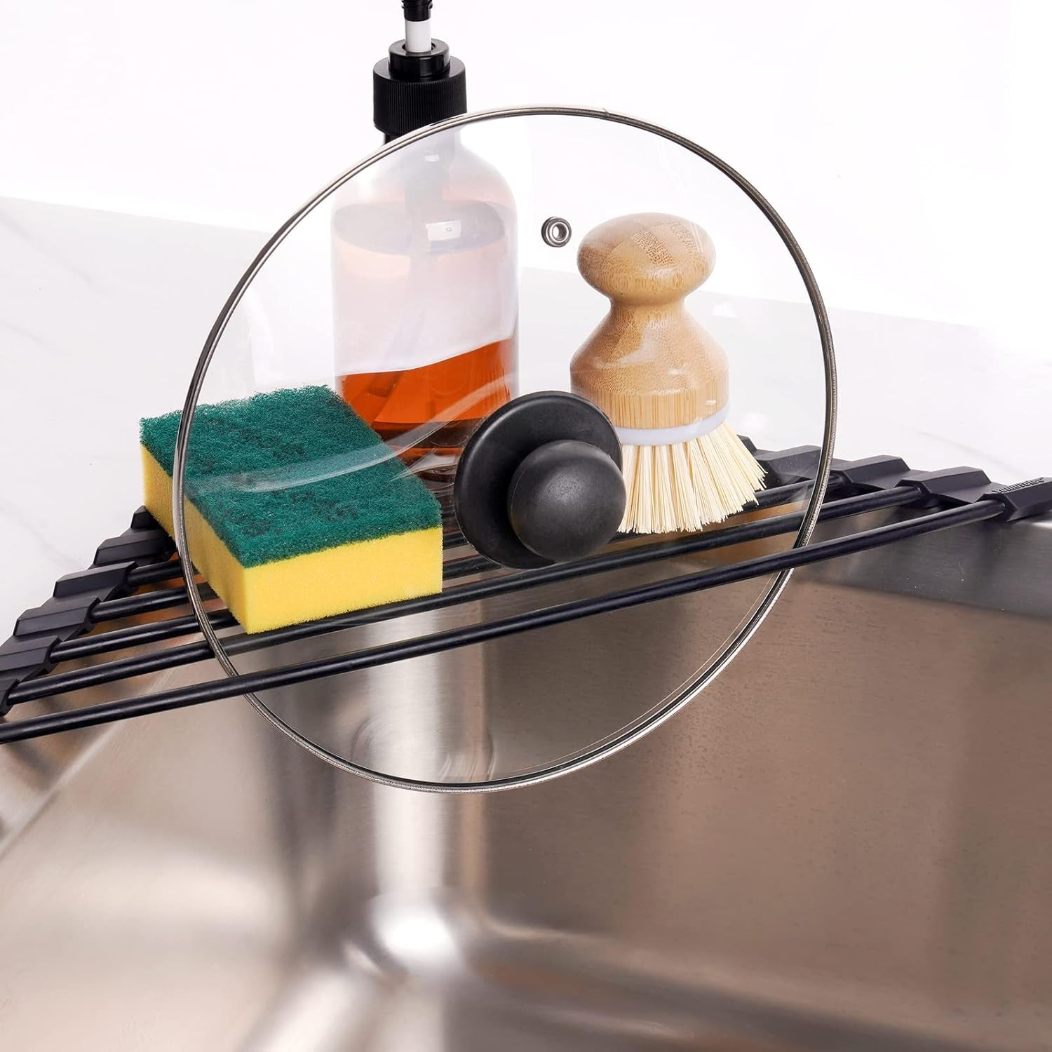 Small Triangle Roll-Up Dish Drying Rack – Black Silicone-Coated Stainless Steel Over-the-Sink Drainer for Sink Corners & Space-Saving Kitchen Storage