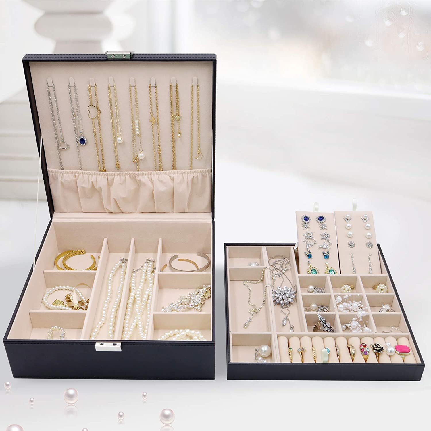 Large Jewellery Box Organiser – 2-Tier Black Storage Case with Removable Dividers for Earrings, Rings, Bracelets & Necklaces, Ideal Gift for Women