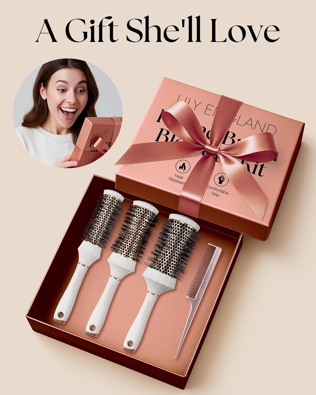 4-Piece Round Hair Brush Set – Professional Blow Dry Kit with 3 Thermal Round Brushes & Styling Comb for Volume, Curling & Smoothing, Beauty Gift Set for Women