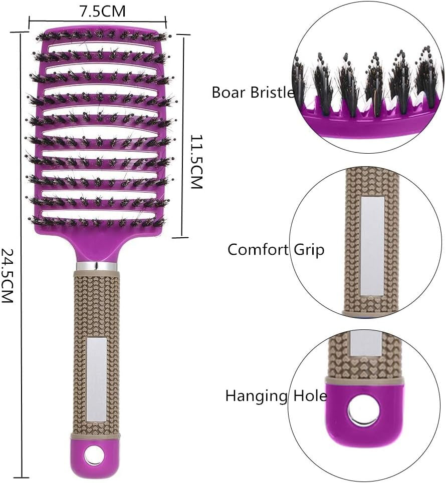 Boar Bristle Hair Brush Set – Curved & Vented Detangling Brushes for Smoothing, Styling & Shine (Pink + Purple)