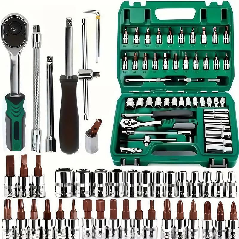 53/46-Piece Car Repair Tool Set – Ratchet Torque Wrench, Spanner, Screwdriver & Socket Combo Kit for Bicycle, Auto & Mechanic Use