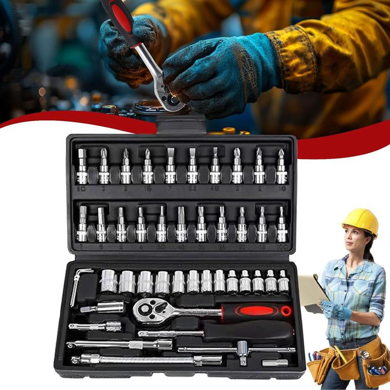 53/46-Piece Car Repair Tool Set – Ratchet Torque Wrench, Spanner, Screwdriver & Socket Combo Kit for Bicycle, Auto & Mechanic Use