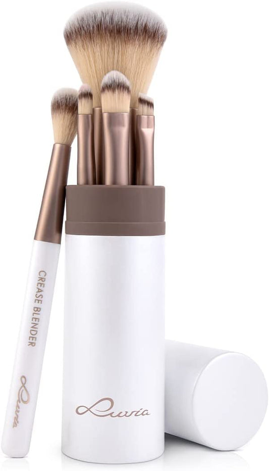 Luvia Travel Makeup Brush Set – 5-Piece Vegan Cosmetic Brushes with Storage Case, Macchiato Edition (White/Black)