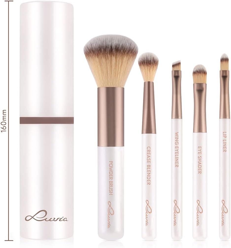 Luvia Travel Makeup Brush Set – 5-Piece Vegan Cosmetic Brushes with Storage Case, Macchiato Edition (White/Black)