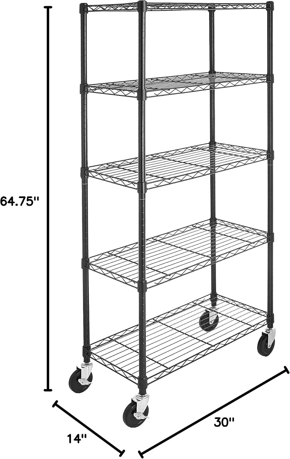 5-Shelf Medium Storage Unit – Heavy Duty Adjustable Shelving with 4" Casters & Levelling Feet, 680Kg Capacity, 76.2×35.6×164.5 cm, Black