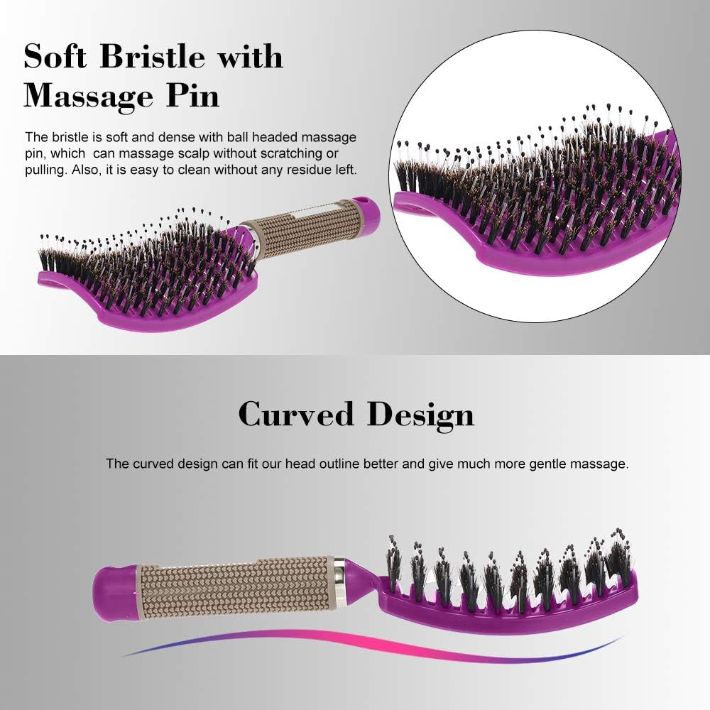 Boar Bristle Hair Brush Set – Curved & Vented Detangling Brushes for Smoothing, Styling & Shine (Pink + Purple)