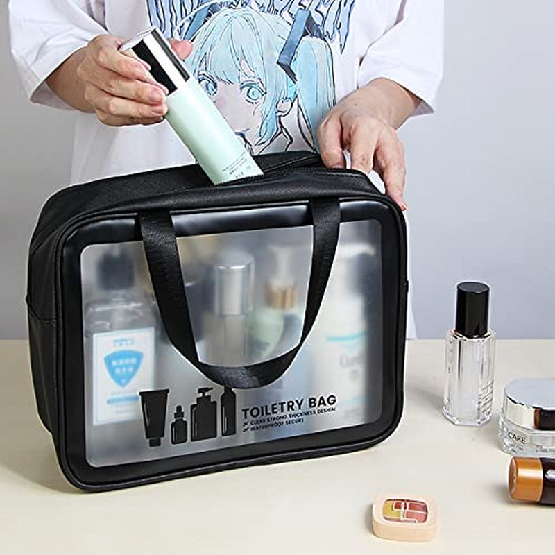 3-Piece Clear Toiletry Bag Set – Waterproof PVC Travel Makeup & Wash Bags with Zipper for Women & Men (Black)