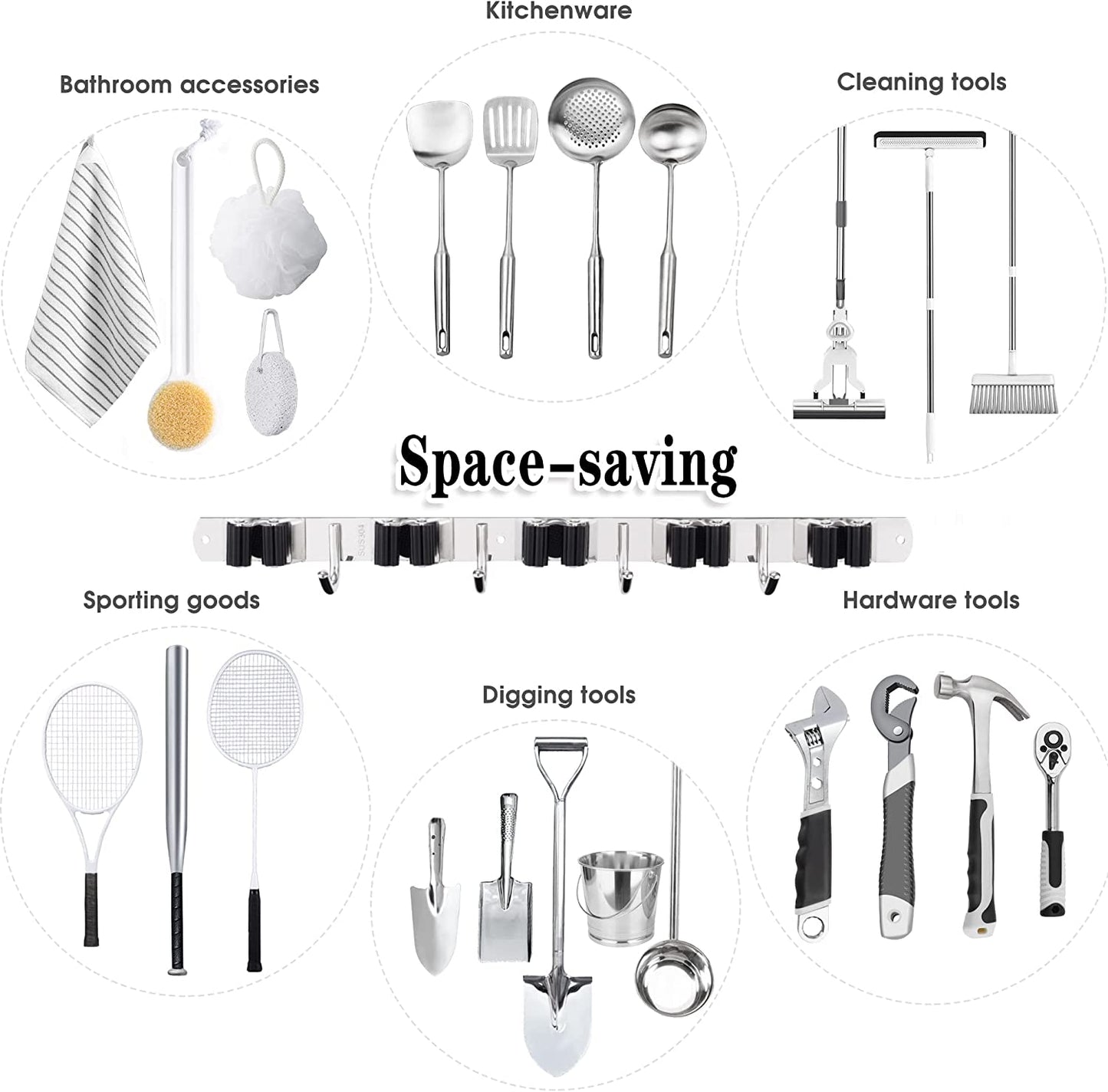 Wall-Mounted Broom & Mop Holder – Heavy Duty Stainless Steel Organizer with 5 Holders & 4 Hooks – Self-Adhesive or Nail Installation for Garage, Kitchen & Utility Room