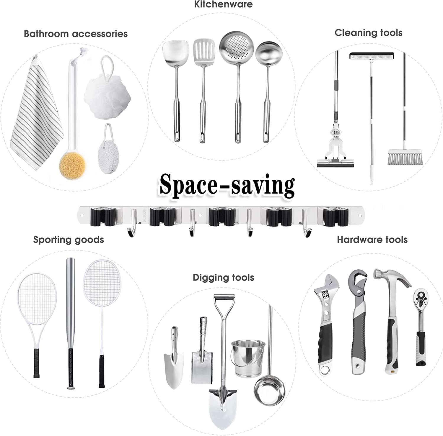 Wall-Mounted Broom & Mop Holder – Heavy Duty Stainless Steel Organizer with 5 Holders & 4 Hooks – Self-Adhesive or Nail Installation for Garage, Kitchen & Utility Room
