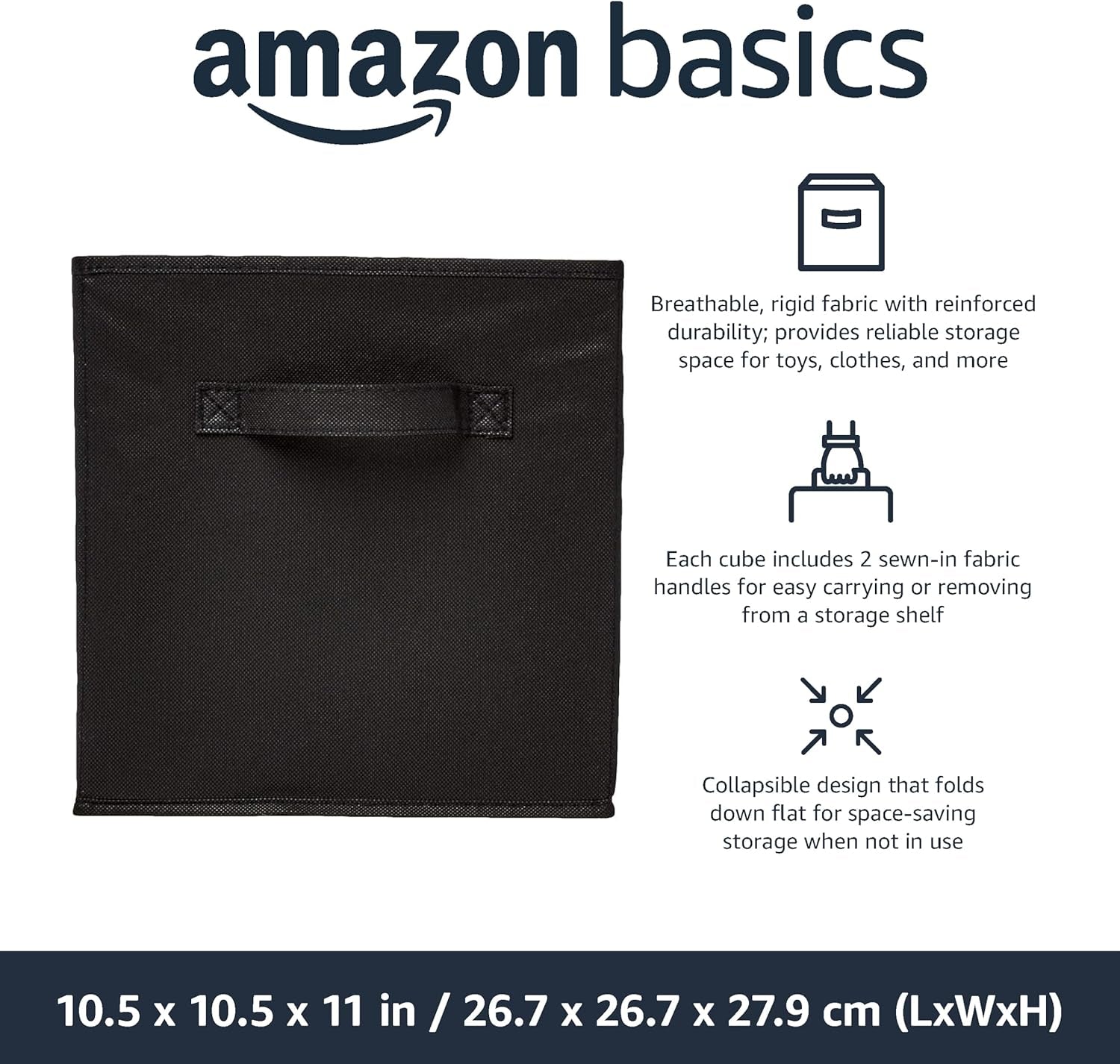 6-Pack Collapsible Fabric Storage Cubes with Handles – Solid Black Foldable Organizers for Closet, Shelves & Home Storage (26.6 × 26.6 × 27.9 cm)