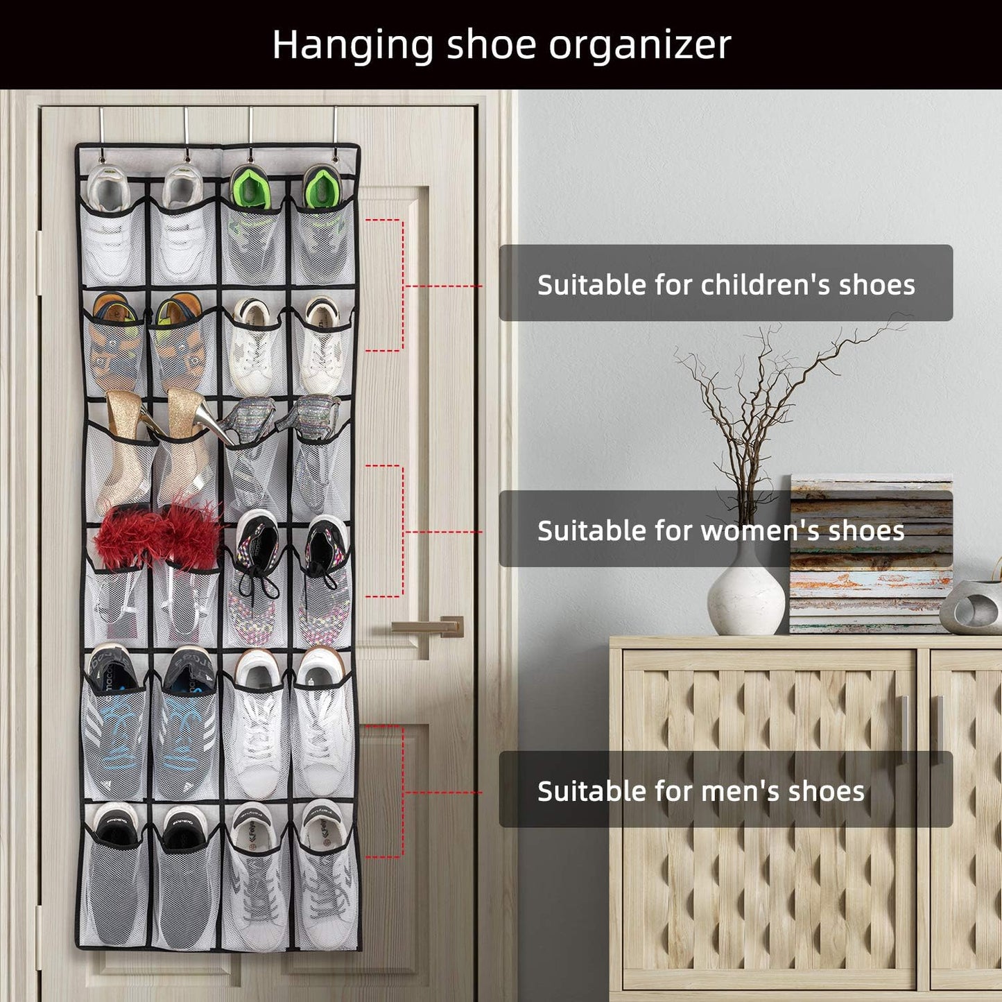 Over-the-Door Hanging Shoe Organizer – 24 Large Mesh Pockets Shoe Rack for Men, Women & Kids – Space-Saving Door Storage Bag (White)