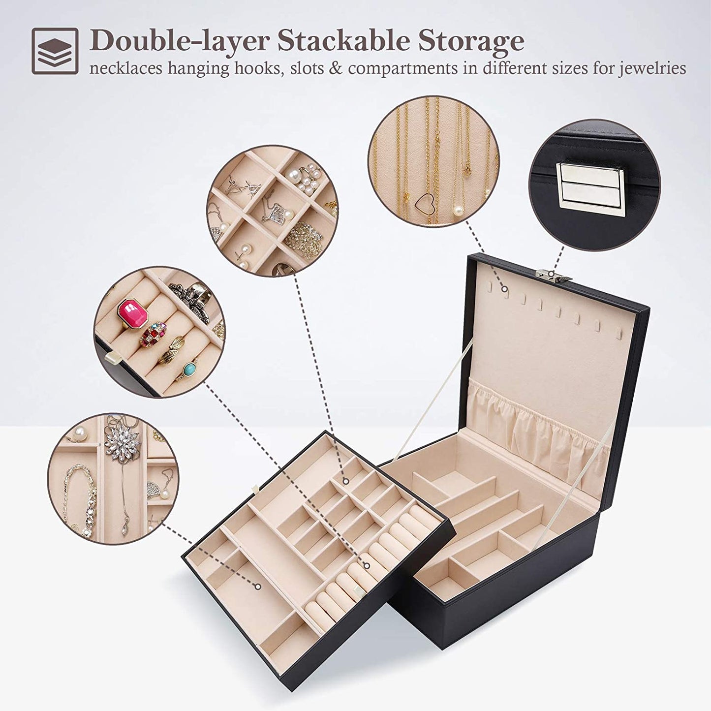 Large Jewellery Box Organiser – 2-Tier Black Storage Case with Removable Dividers for Earrings, Rings, Bracelets & Necklaces, Ideal Gift for Women