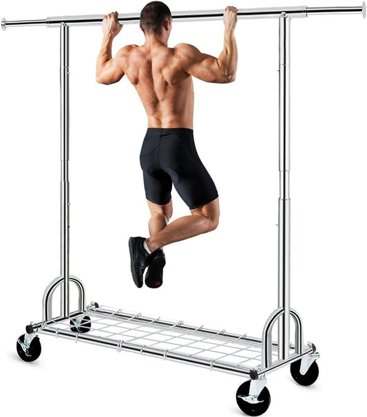Heavy Duty Clothes Rail – 238Kg Capacity, Extendable Garment Rack with Wheels & Shelves, Space-Saving for Bedroom, Laundry, Apartment – Silver