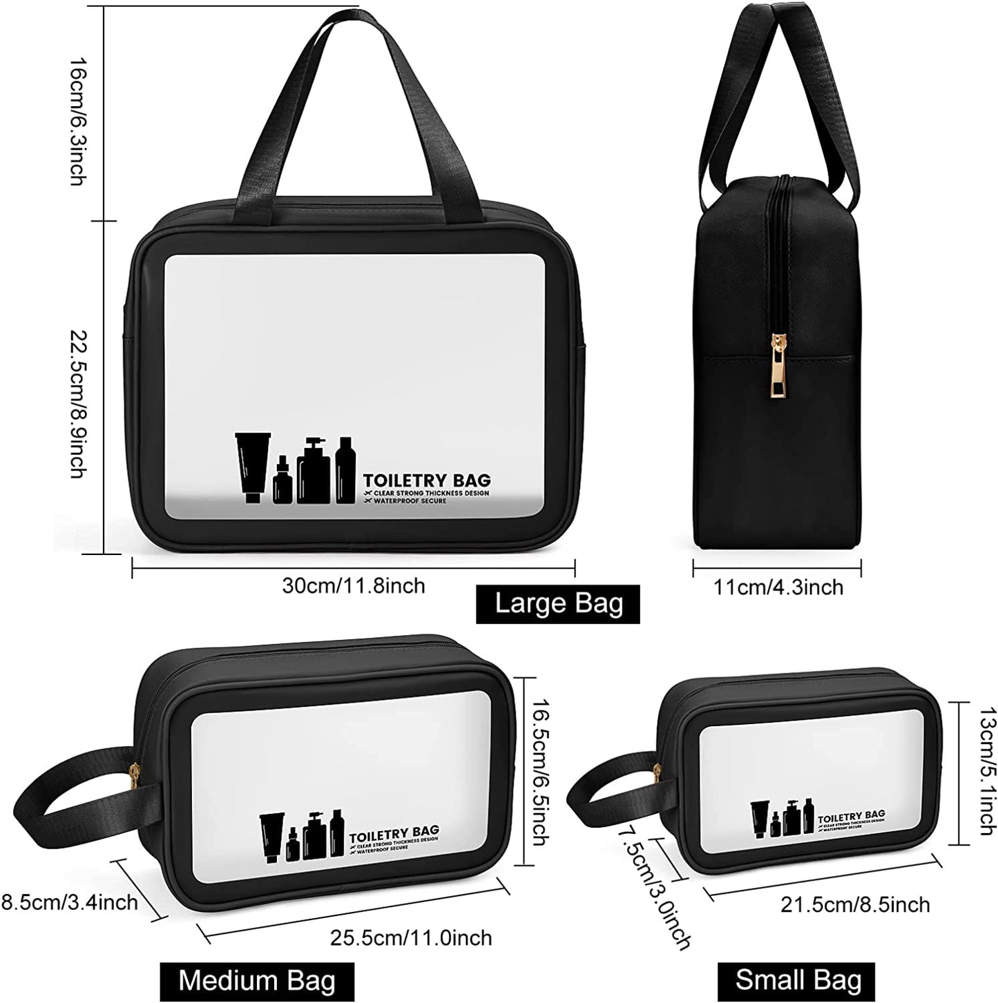 3-Piece Clear Toiletry Bag Set – Waterproof PVC Travel Makeup & Wash Bags with Zipper for Women & Men (Black)