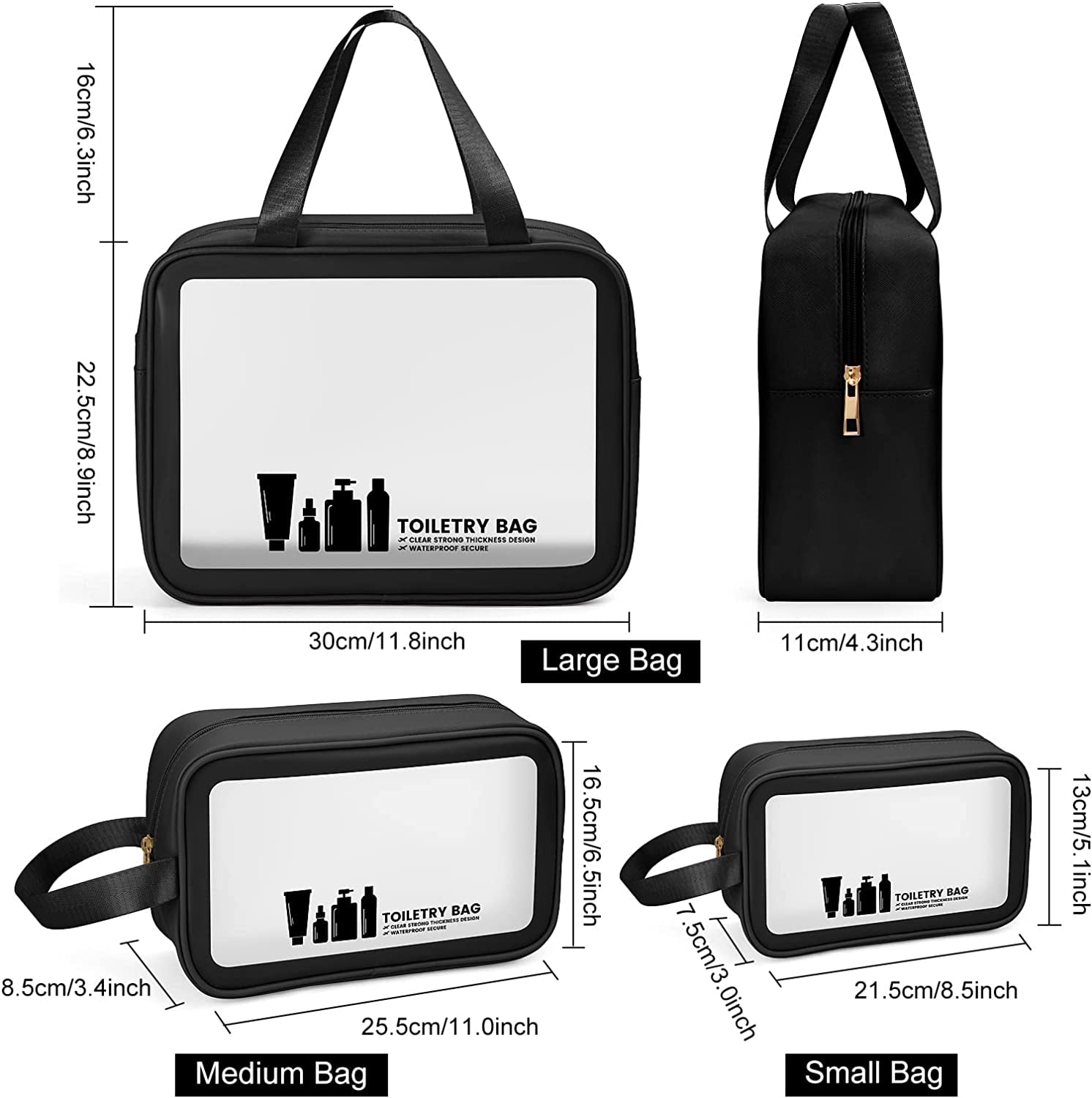 3-Piece Clear Toiletry Bag Set – Waterproof PVC Travel Makeup & Wash Bags with Zipper for Women & Men (Black)