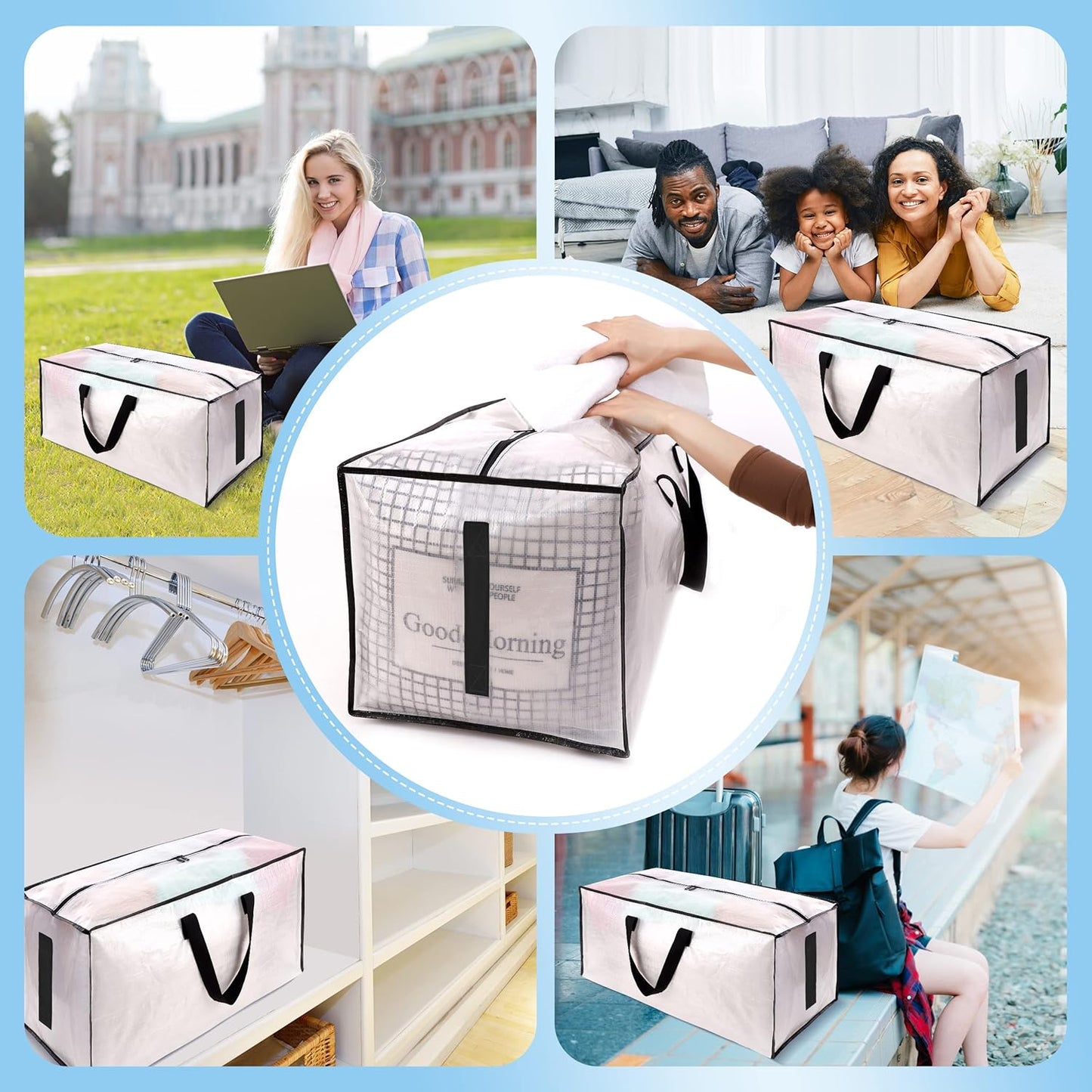 8-Pack Large Clear Moving Bags – Heavy Duty Water-Resistant Storage Totes with Zippers & Handles, Foldable Space-Saving Alternative to Boxes