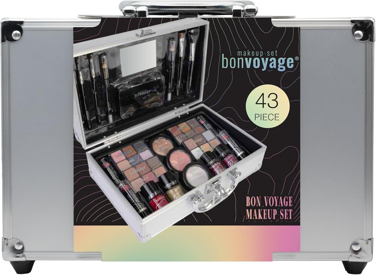 43-Piece Complete Makeup Kit – Lipsticks, Eyeshadows, Blush, Nail Polish & Brushes in Portable Metal Train Case – Bon Voyage Beauty Set