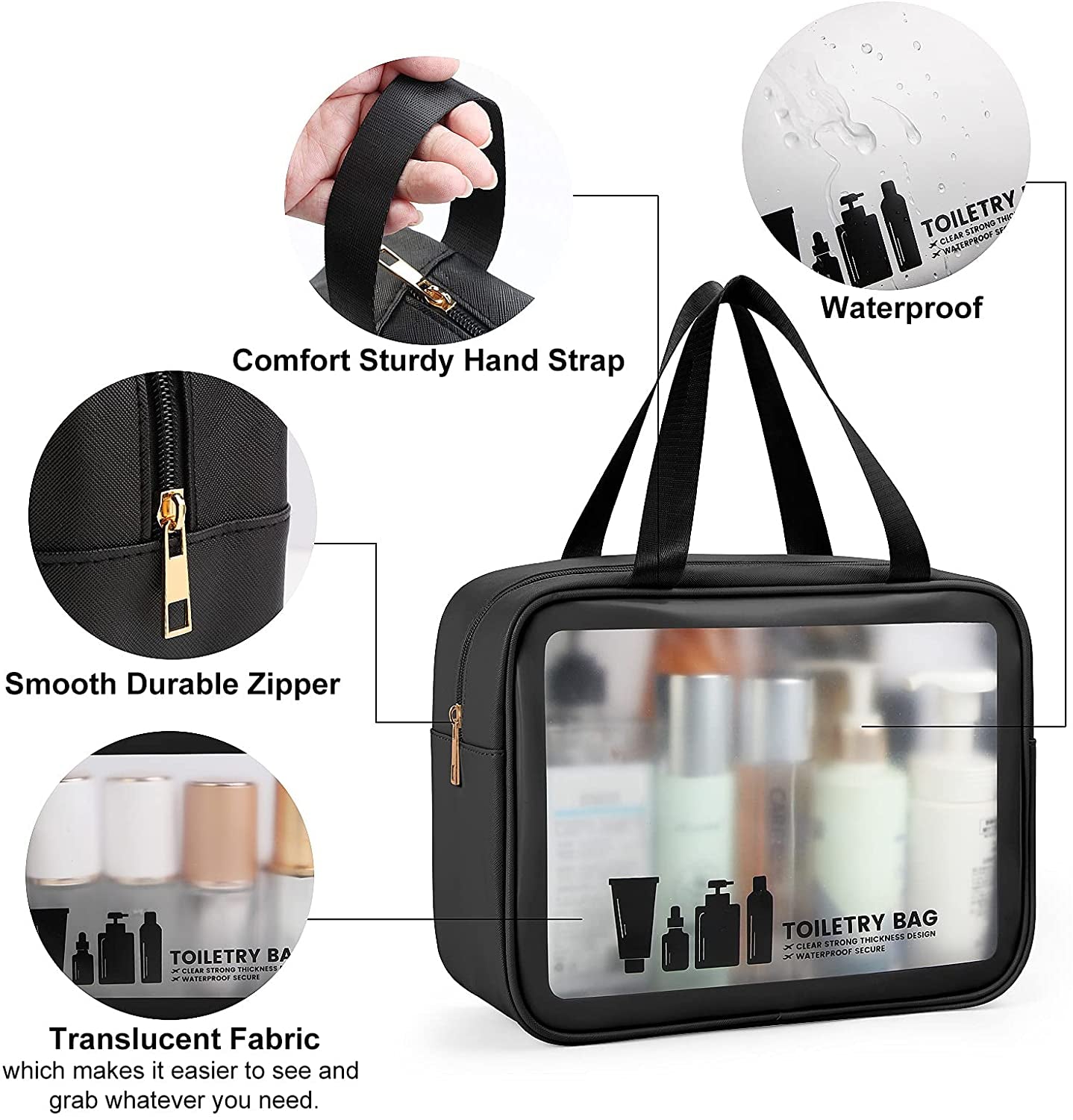 3-Piece Clear Toiletry Bag Set – Waterproof PVC Travel Makeup & Wash Bags with Zipper for Women & Men (Black)