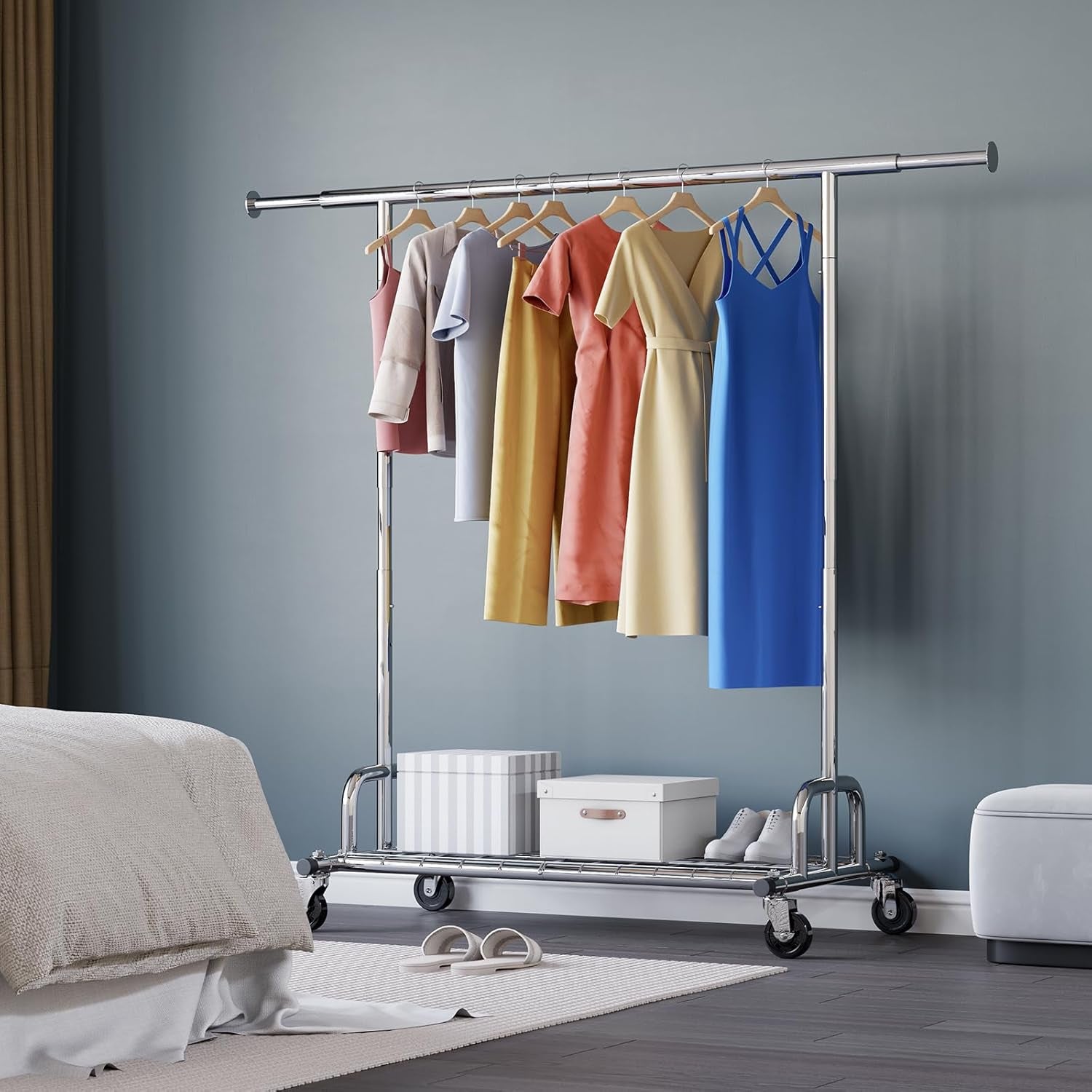 Heavy Duty Clothes Rail – 238Kg Capacity, Extendable Garment Rack with Wheels & Shelves, Space-Saving for Bedroom, Laundry, Apartment – Silver