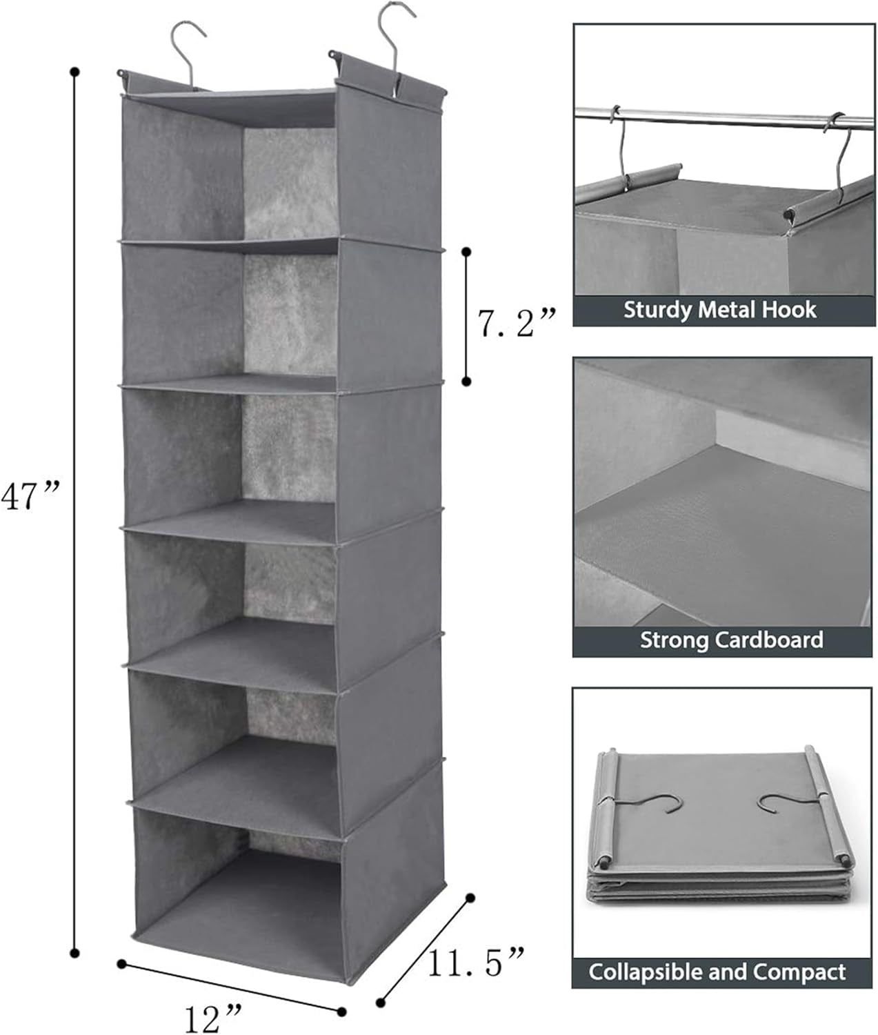 6-Tier Hanging Closet Organizer – Foldable Fabric Shelf with 2 Sturdy Hooks for Wardrobe & Storage Organization (Grey)