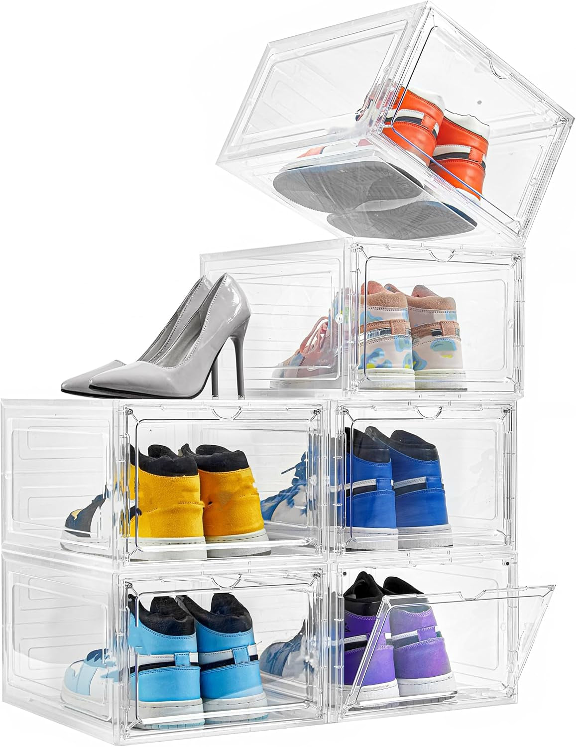 Drop-Front Shoe Storage Boxes – Set of 6 Stackable Clear Door Display Containers for Sneakers