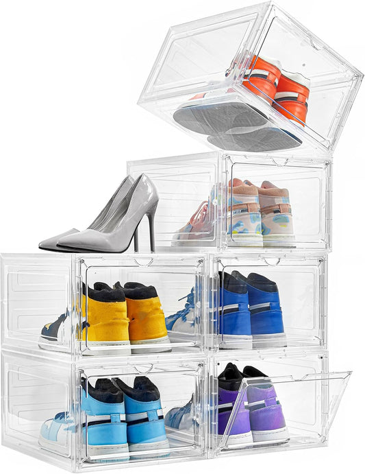Drop-Front Shoe Storage Boxes – Set of 6 Stackable Clear Door Display Containers for Sneakers