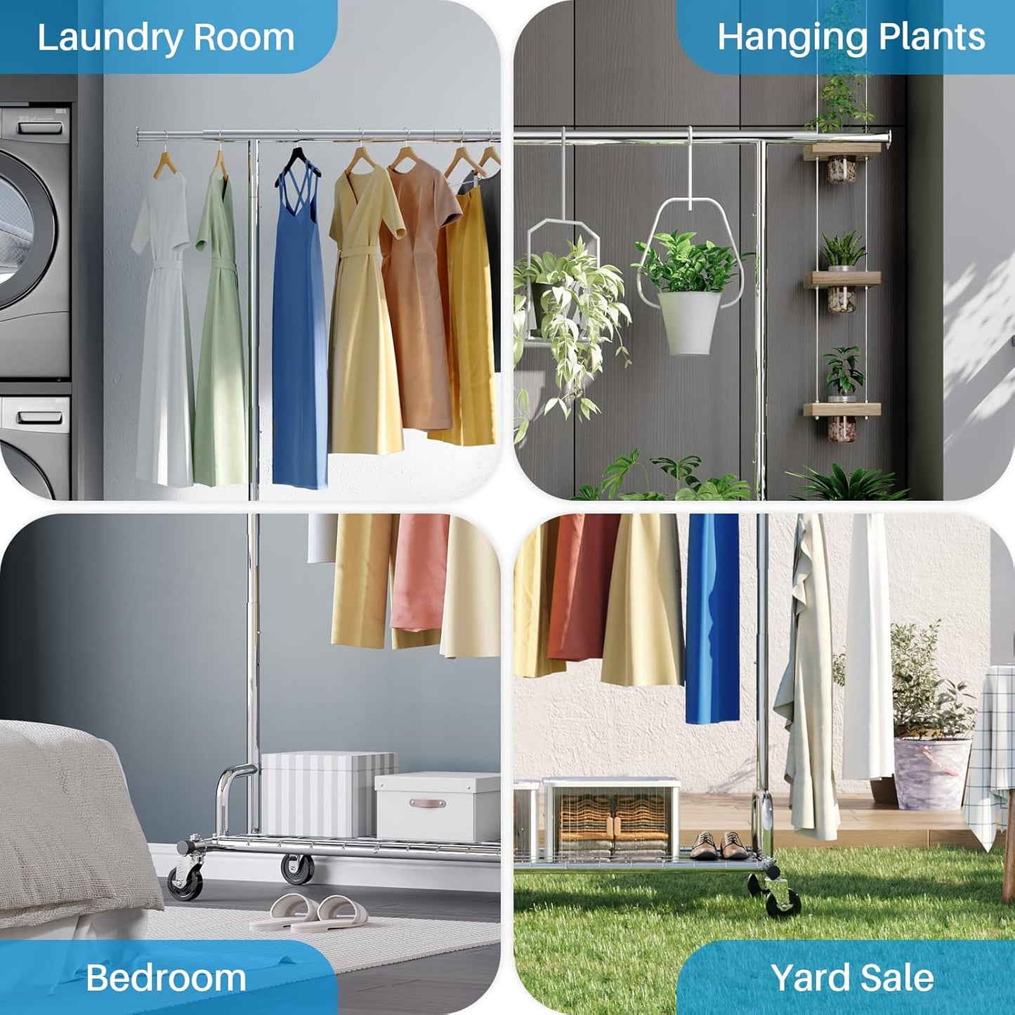 Heavy Duty Clothes Rail – 238Kg Capacity, Extendable Garment Rack with Wheels & Shelves, Space-Saving for Bedroom, Laundry, Apartment – Silver
