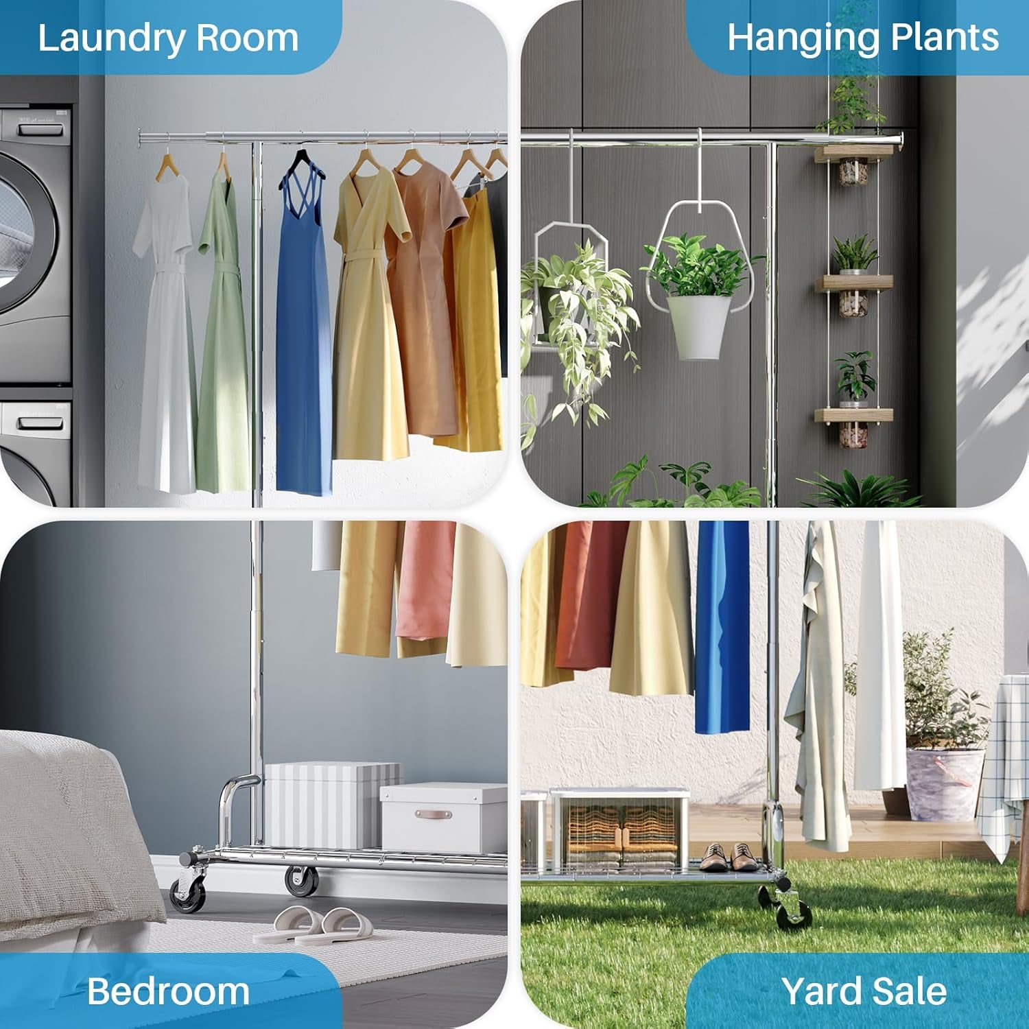 Heavy Duty Clothes Rail – 238Kg Capacity, Extendable Garment Rack with Wheels & Shelves, Space-Saving for Bedroom, Laundry, Apartment – Silver