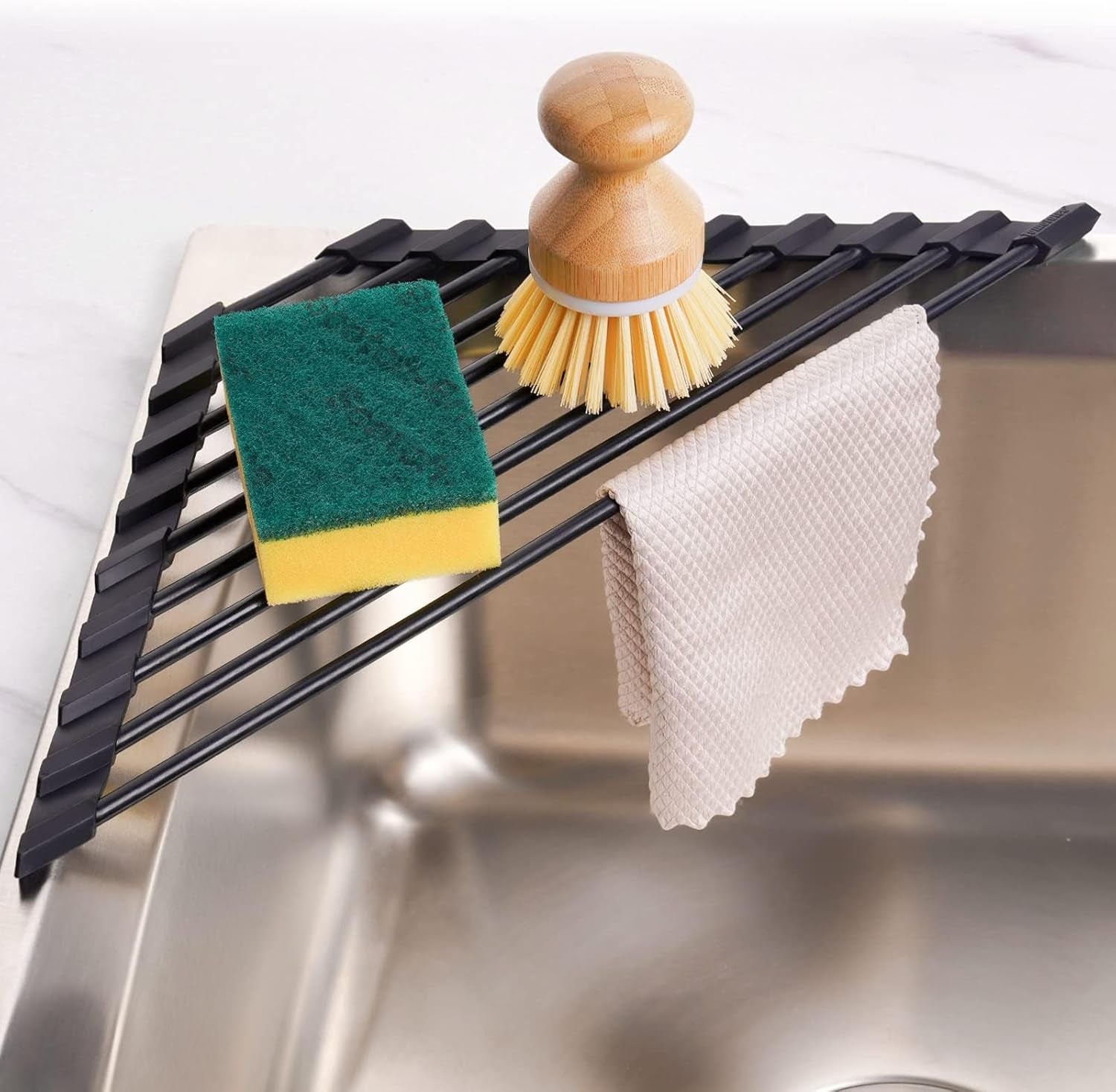 Small Triangle Roll-Up Dish Drying Rack – Black Silicone-Coated Stainless Steel Over-the-Sink Drainer for Sink Corners & Space-Saving Kitchen Storage