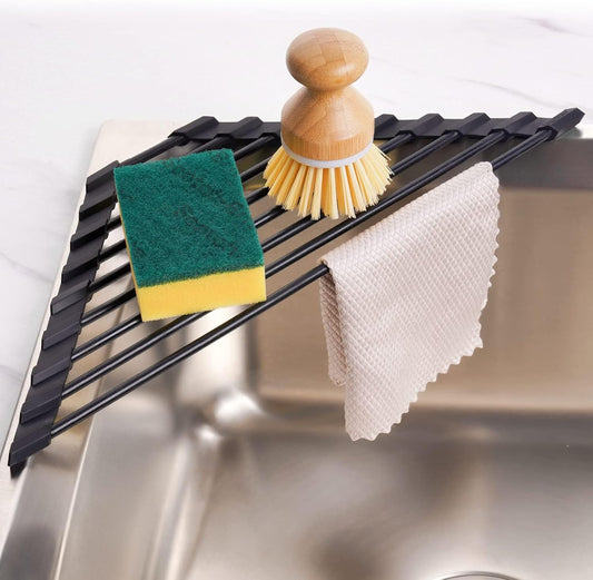 Small Triangle Roll-Up Dish Drying Rack – Black Silicone-Coated Stainless Steel Over-the-Sink Drainer for Sink Corners & Space-Saving Kitchen Storage
