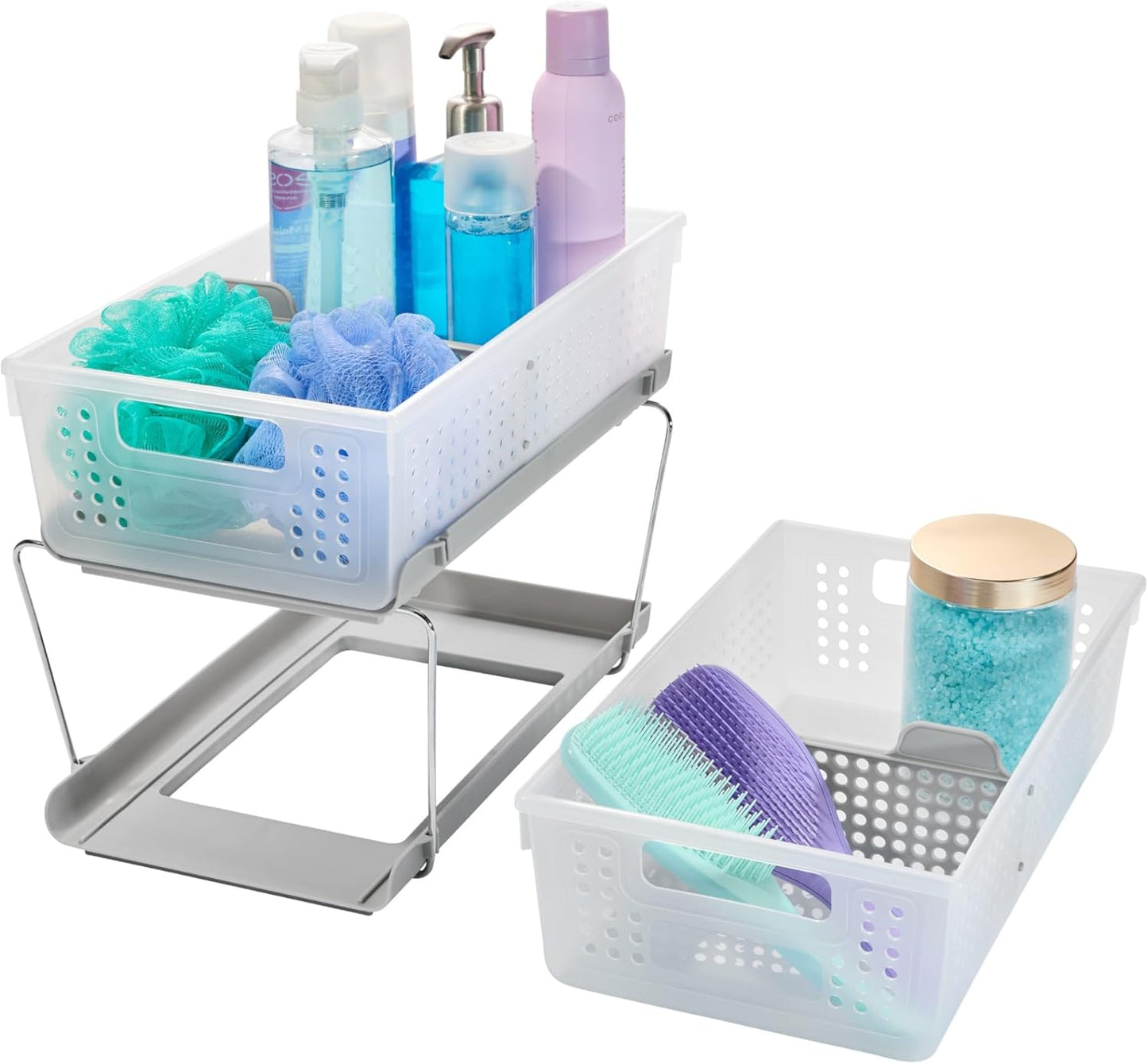 2-Tier Plastic Multipurpose Organizer Rack – Frosted Under-Sink Storage with Divided Slide-Out Bins for Cabinets, Bathrooms & Kitchen Spaces