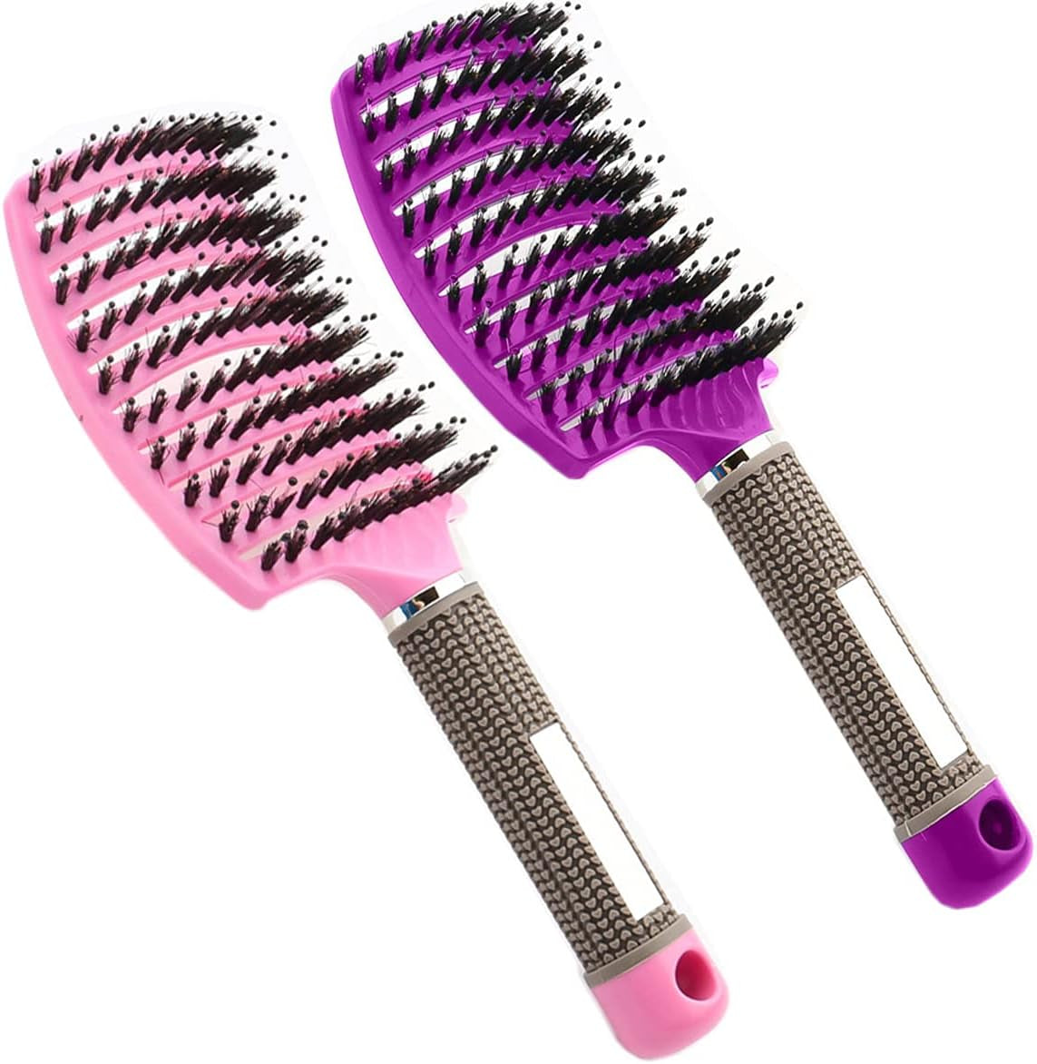 Boar Bristle Hair Brush Set – Curved & Vented Detangling Brushes for Smoothing, Styling & Shine (Pink + Purple)