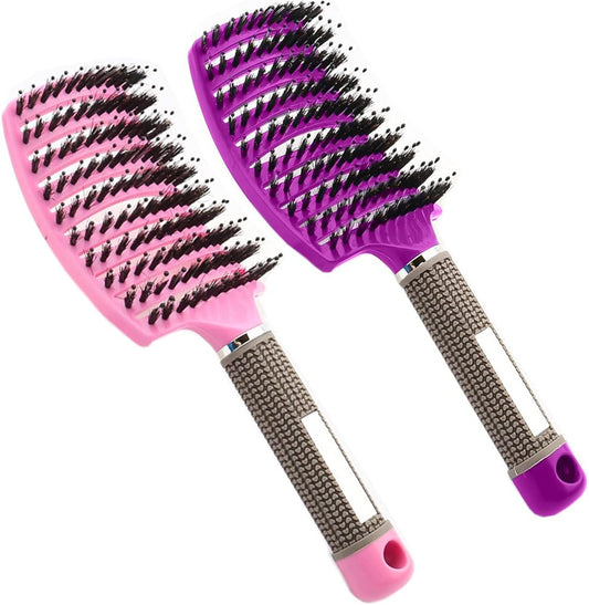 Boar Bristle Hair Brush Set – Curved & Vented Detangling Brushes for Smoothing, Styling & Shine (Pink + Purple)