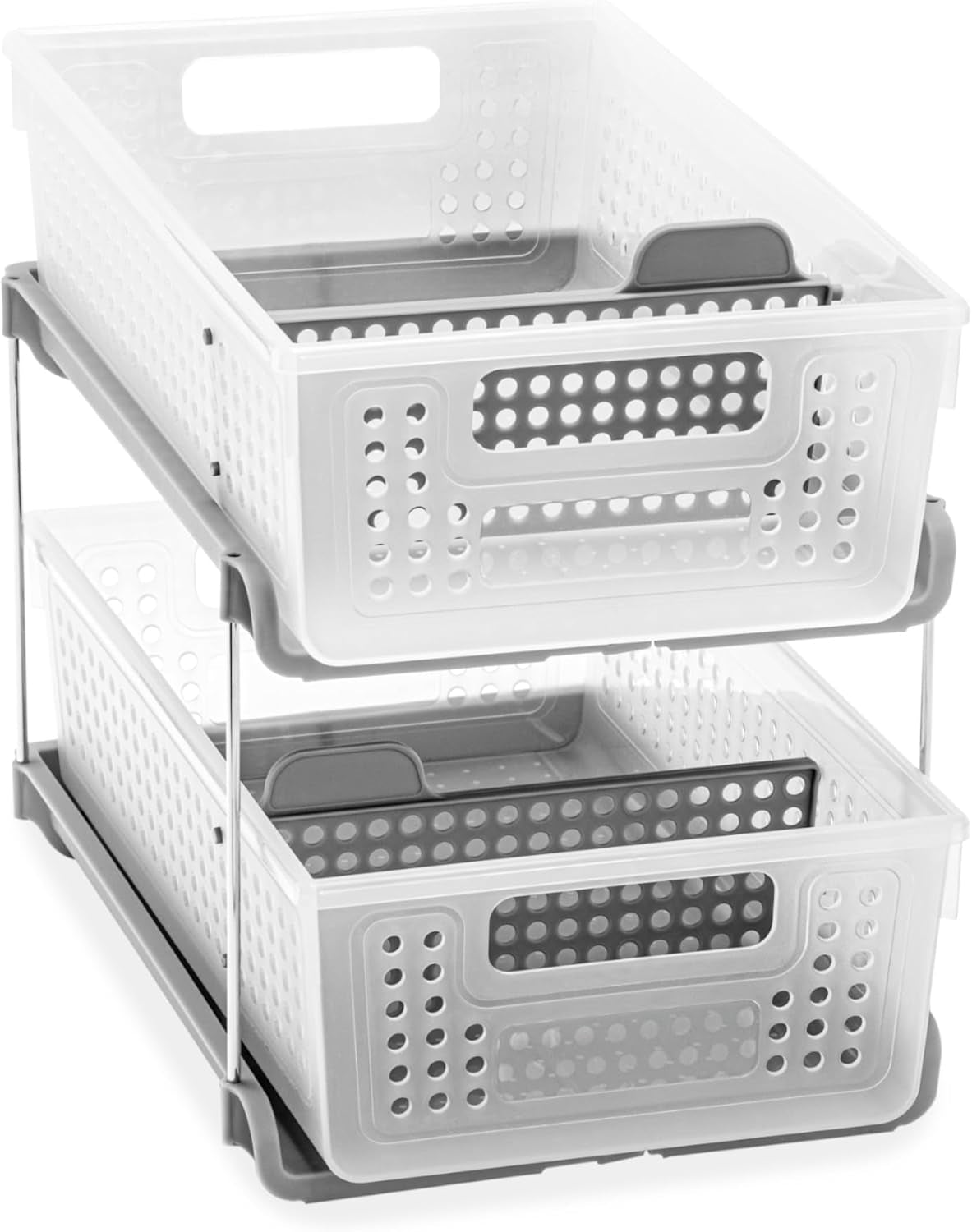 2-Tier Plastic Multipurpose Organizer Rack – Frosted Under-Sink Storage with Divided Slide-Out Bins for Cabinets, Bathrooms & Kitchen Spaces