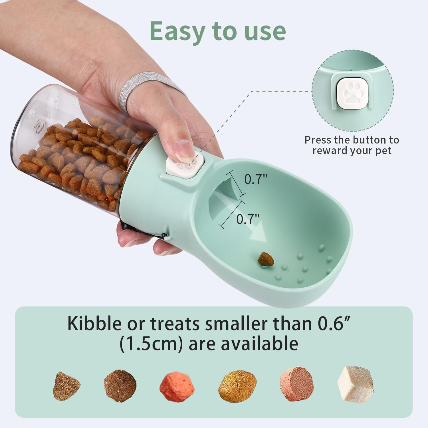 Handheld Dog Treat Dispenser with Built-In Clicker & Pouch – 6.7oz Green Feeder for Training, Walking, Hiking & Travel