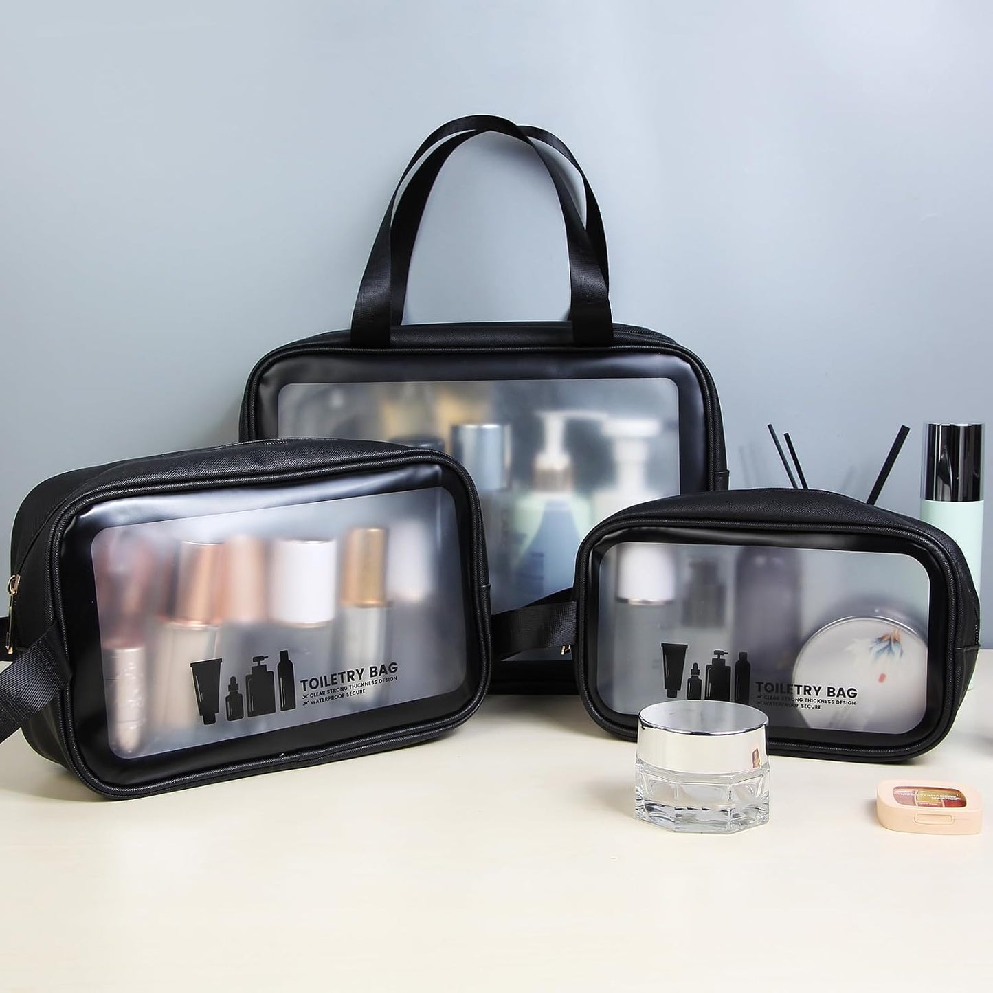 3-Piece Clear Toiletry Bag Set – Waterproof PVC Travel Makeup & Wash Bags with Zipper for Women & Men (Black)