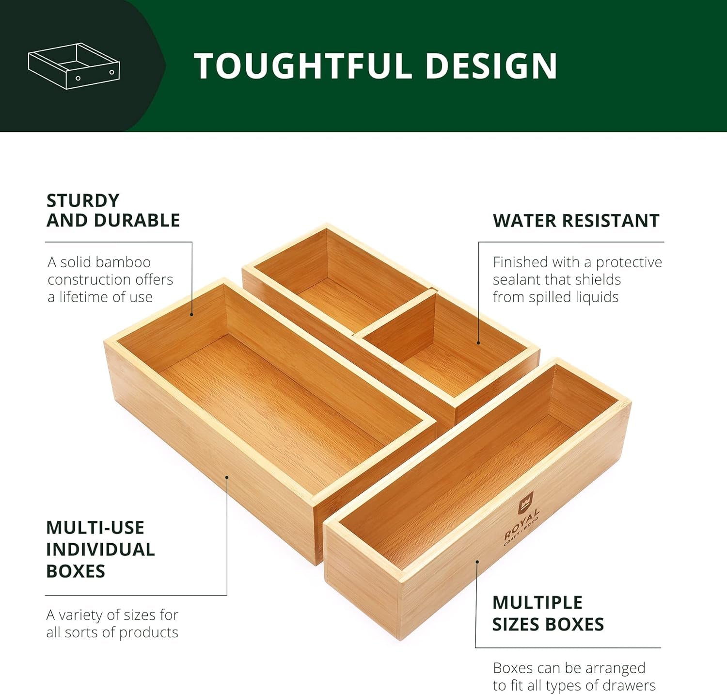 Luxury Bamboo Drawer Organizer Set – 3-Piece Multi-Use Storage Boxes for Kitchen, Bathroom, Office, Makeup & Jewellery