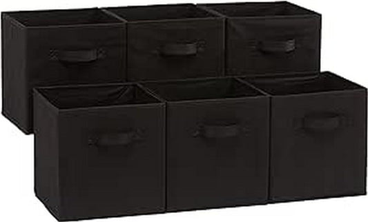 6-Pack Collapsible Fabric Storage Cubes with Handles – Solid Black Foldable Organizers for Closet, Shelves & Home Storage (26.6 × 26.6 × 27.9 cm)