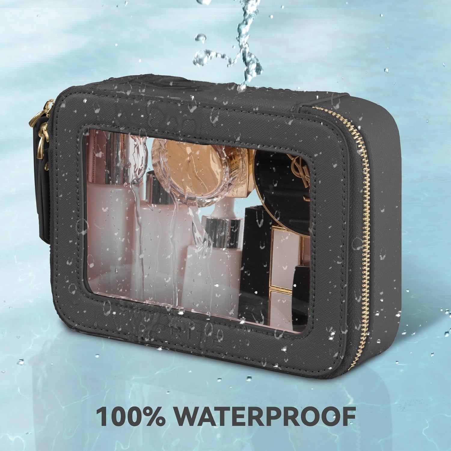 Clear Makeup Bag with Gift Box – Waterproof Black Travel Toiletry Organizer with Double Zippers for Cosmetics & Car Essentials