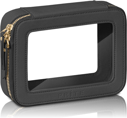 Clear Makeup Bag with Gift Box – Waterproof Black Travel Toiletry Organizer with Double Zippers for Cosmetics & Car Essentials