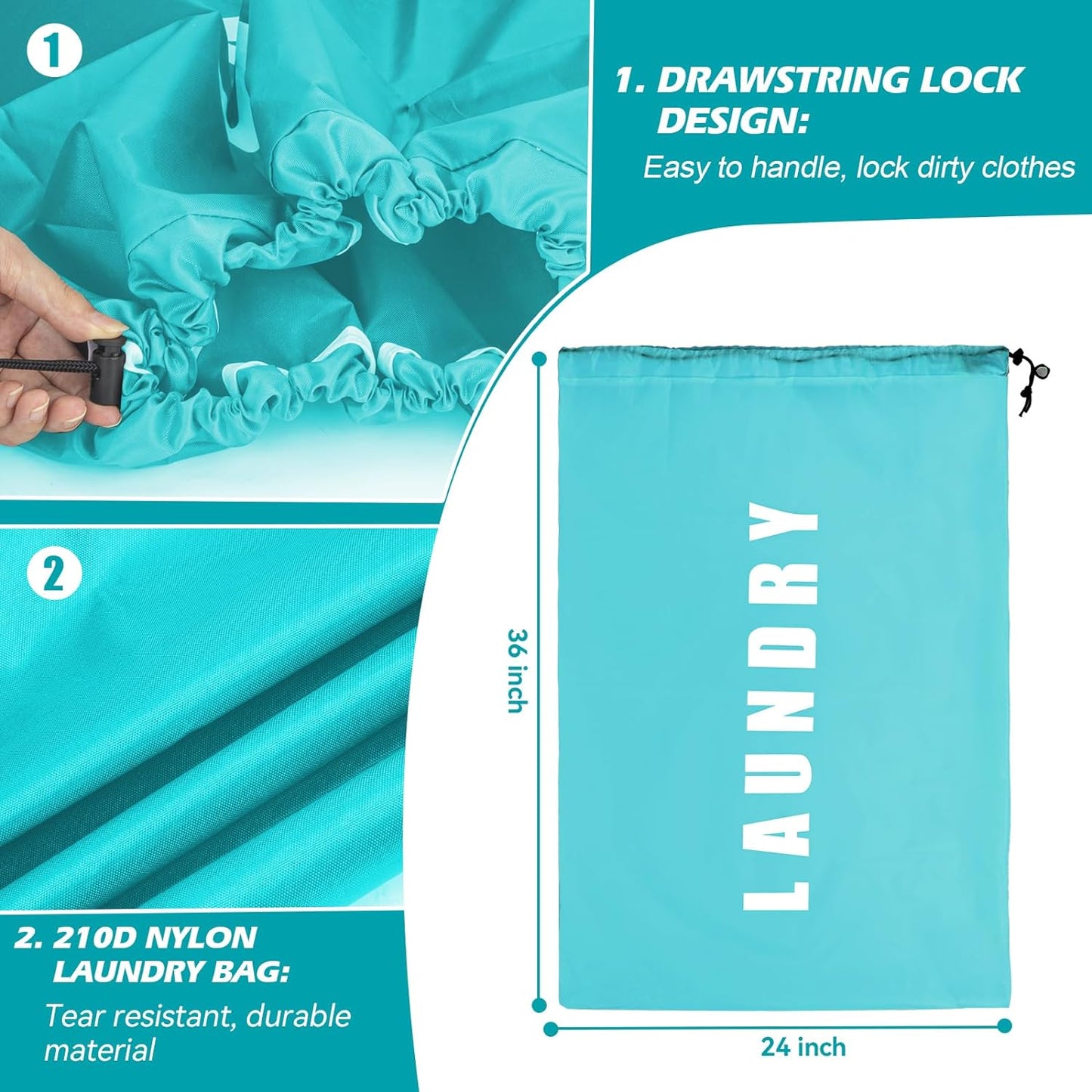 2-Pack Travel Laundry Bags – Large 24"x36" Dirty Clothes Bags for Camping & Travel, Cyan + Gray