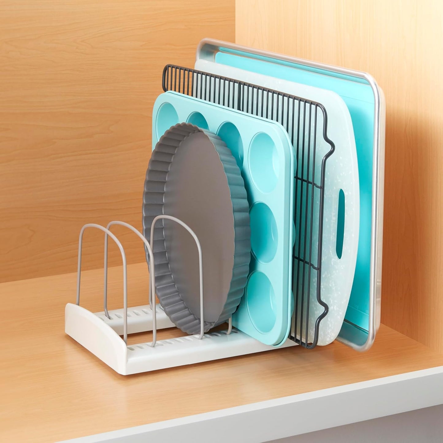 Storemore Adjustable Bakeware Rack – White Kitchen Organizer for Cookie Sheets, Baking Pans & Trays, Standard Size for Cupboard & Pantry Storage