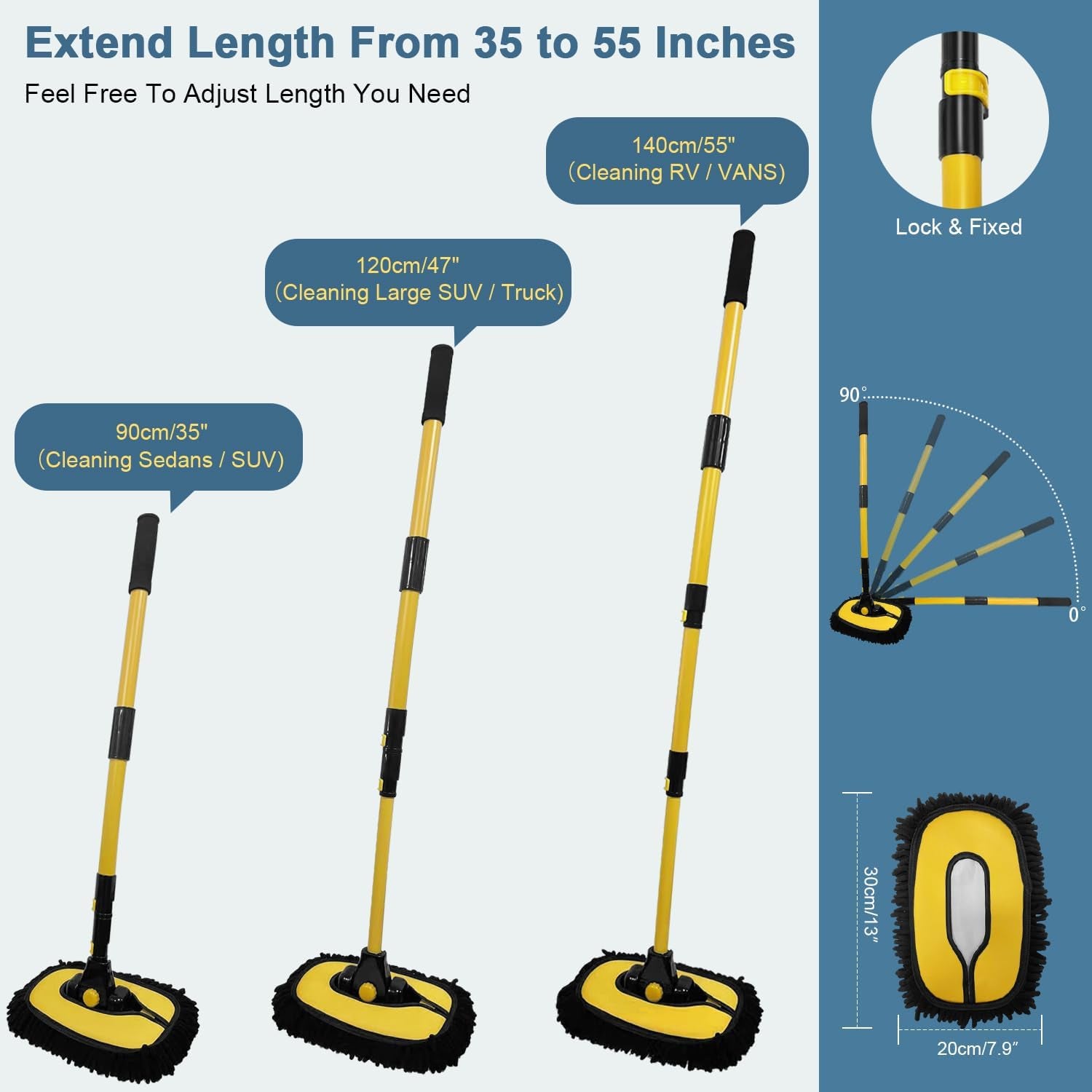 55" Car Wash Brush with Long Handle – 15° Curved Extendable Cleaning Mop with Replaceable Microfiber Head & Storage Bag for RV, Truck, Camper (Orange)