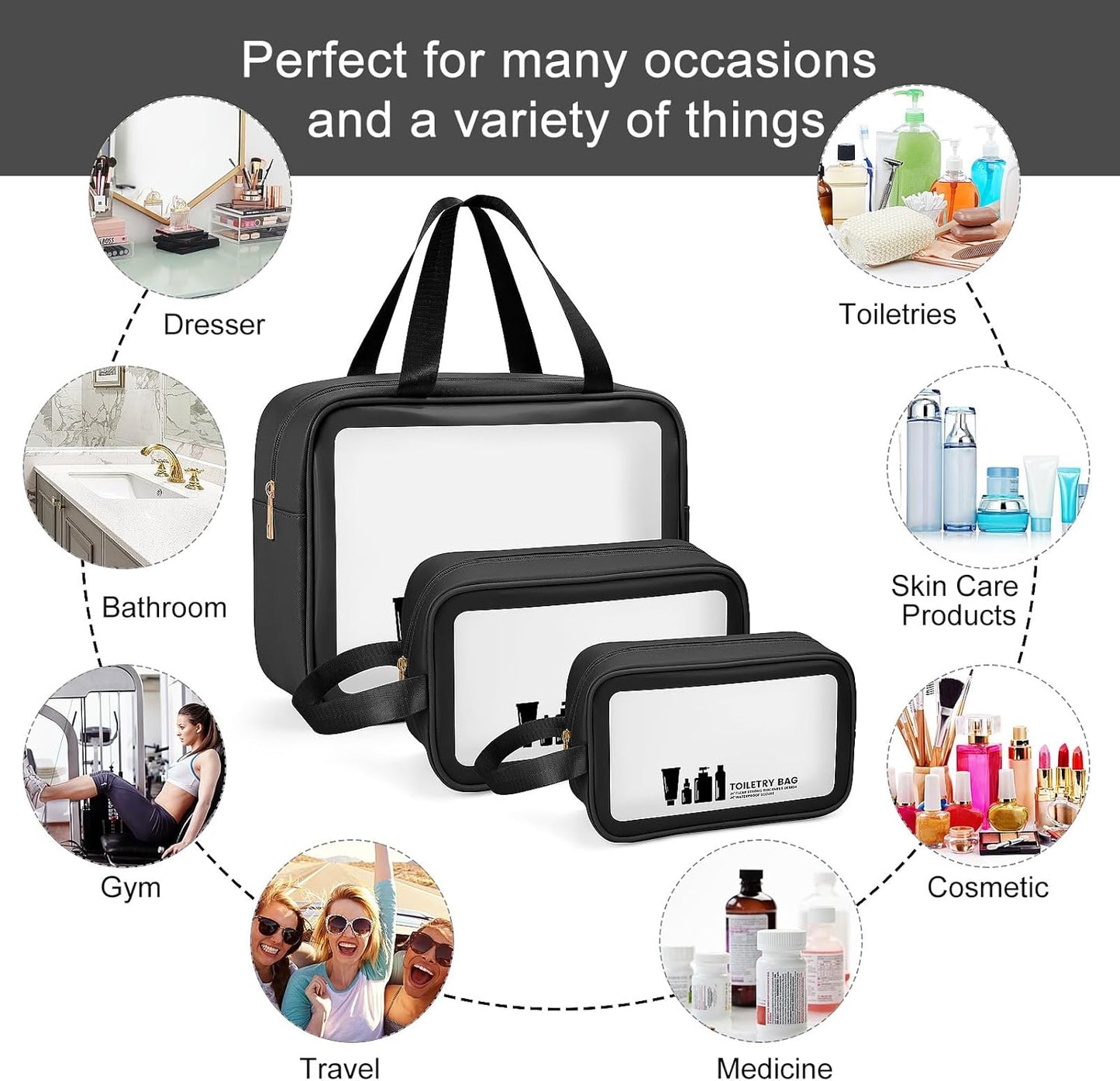 3-Piece Clear Toiletry Bag Set – Waterproof PVC Travel Makeup & Wash Bags with Zipper for Women & Men (Black)