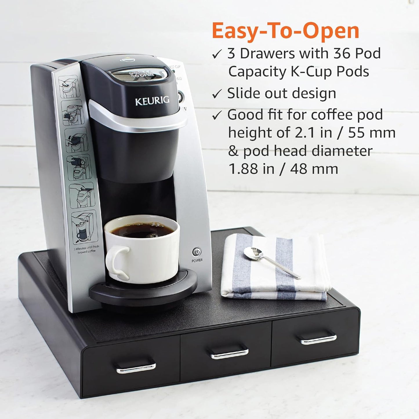 Coffee Pod Storage Drawer – Black Organizer for 36 K-Cup Pods, Space-Saving Countertop Holder