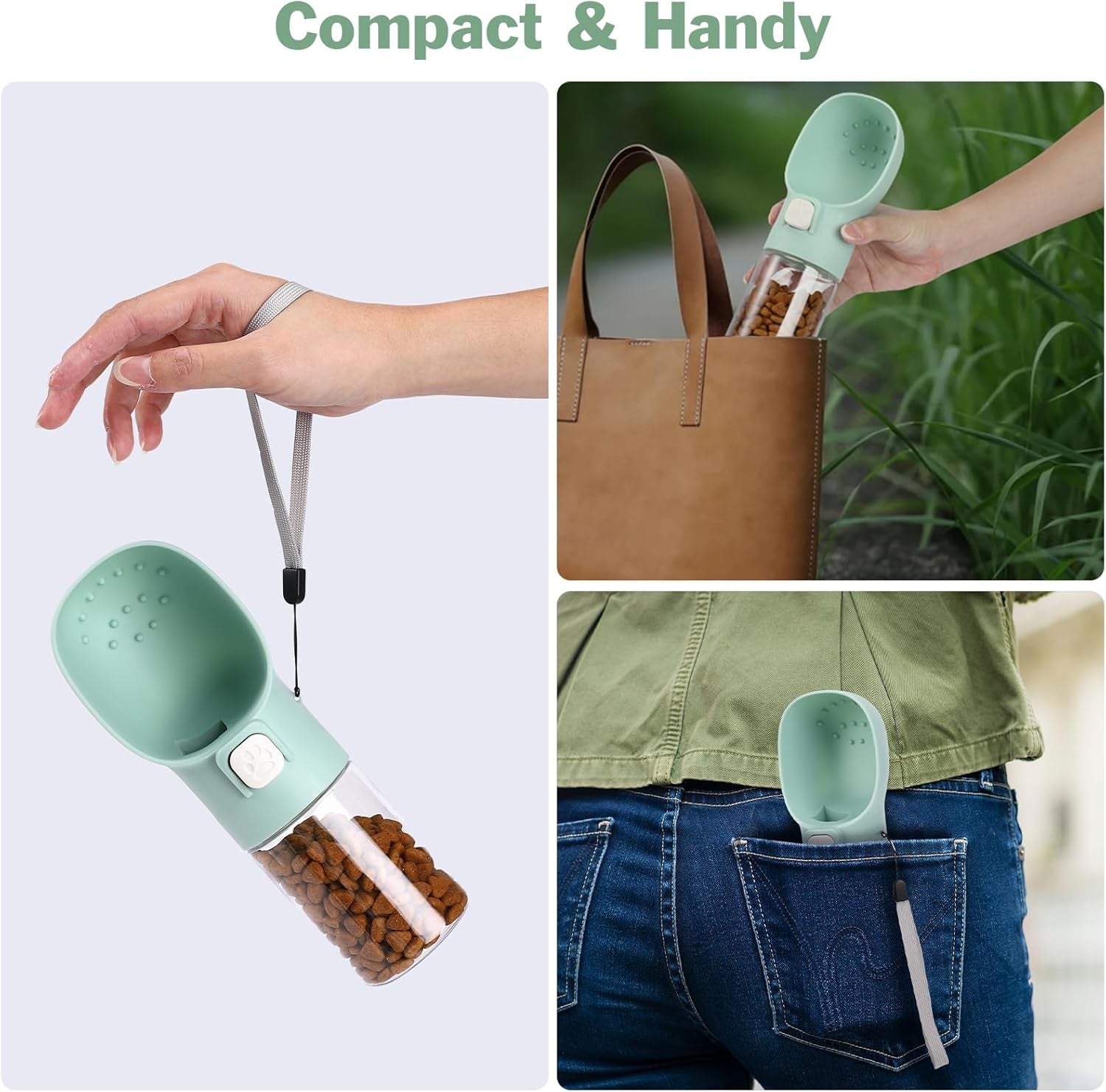 Handheld Dog Treat Dispenser with Built-In Clicker & Pouch – 6.7oz Green Feeder for Training, Walking, Hiking & Travel
