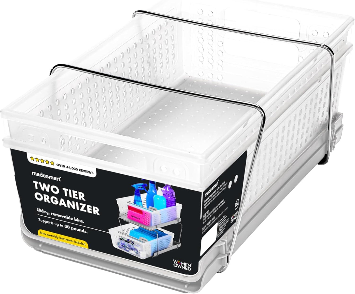 2-Tier Plastic Multipurpose Organizer Rack – Frosted Under-Sink Storage with Divided Slide-Out Bins for Cabinets, Bathrooms & Kitchen Spaces