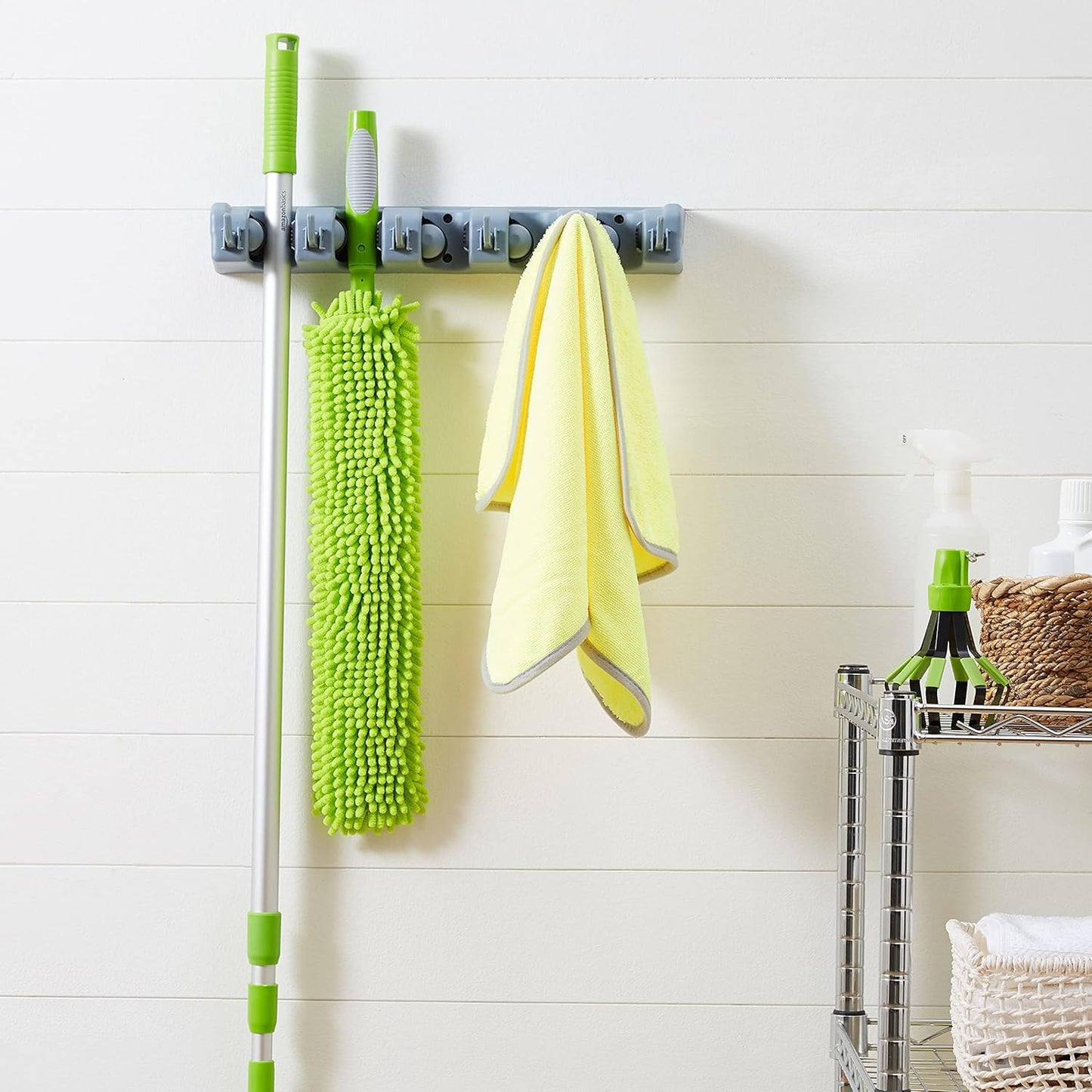 Wall Mount Broom Holder & Garden Tool Organizer – 5 Slot 6 Hook Rack, Heavy-Duty Storage, 43×8.5×6.2cm, Gray
